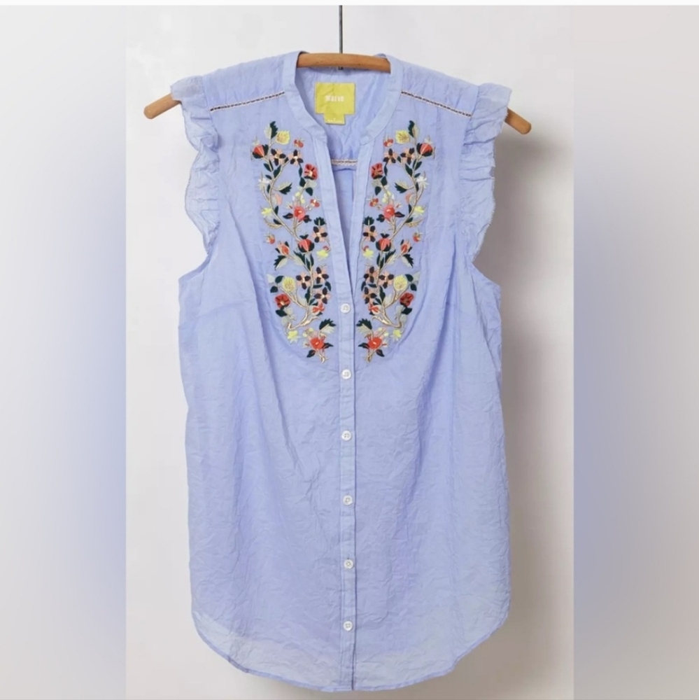 Maeve Threadbloom Blue Blouse Flutter Sleeves Embroidered Sz 10 Anthropologie
